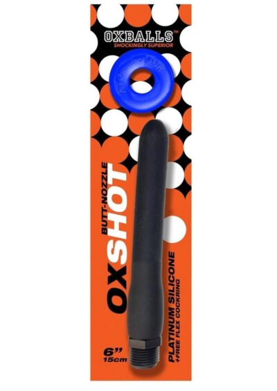Oxballs Oxshot Silicone Butt Nozzle Shower Hose and Cock Ring 6in - Black/Blue