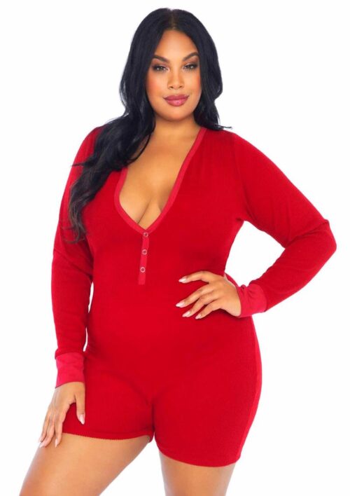 Leg Avenue Brushed Rib Romper Long Johns with Cheeky Snap Closure Back Flap - 2X/4X - Red