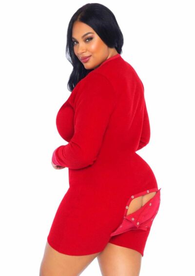 Leg Avenue Brushed Rib Romper Long Johns with Cheeky Snap Closure Back Flap - 2X/4X - Red