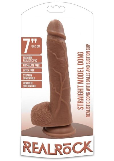 RealRock Straight Realistic Dildo with Balls and Suction Cup 7in - Caramel