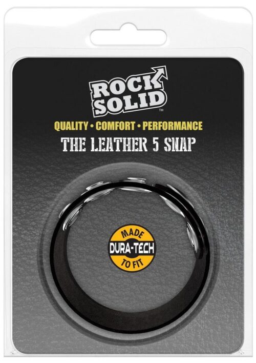 Rock Solid The Leather 5 Snap Adjustable Cock Ring - Black