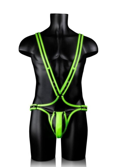 Ouch! Bonded Leather Full Body Harness Glow in the Dark - Large/XLarge - Green