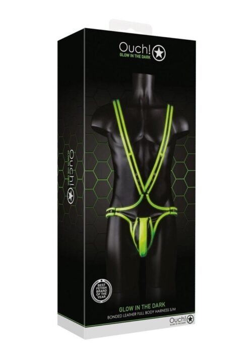 Ouch! Bonded Leather Full Body Harness Glow in the Dark - Small/Medium - Green