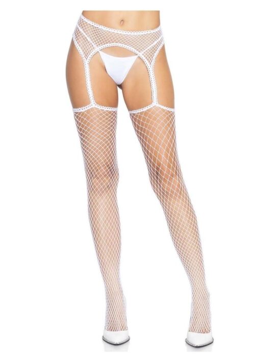 Leg Avenue Industrial Net Stockings with Scalloped Trimmed Attached Garter Belt - O/S - White