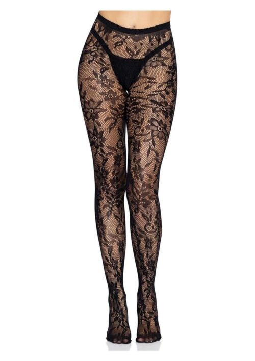 Leg Avenue Seamless Chantilly Floral Lace Tights - O/S - Black