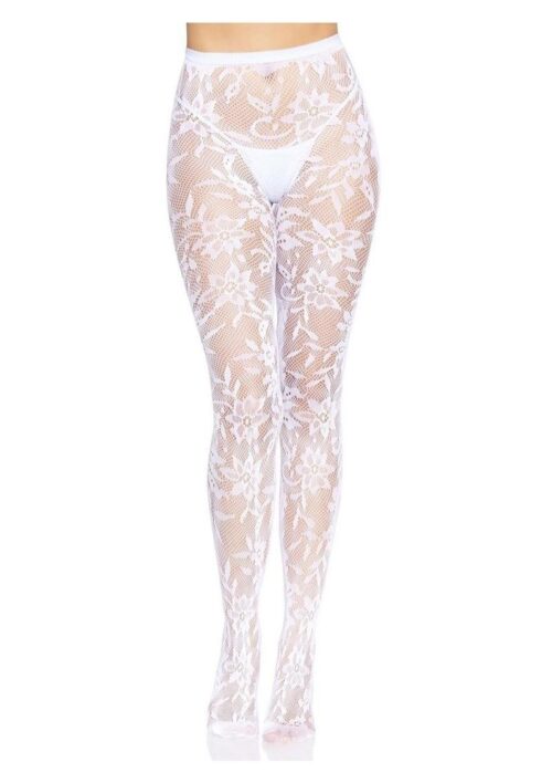Leg Avenue Seamless Chantilly Floral Lace Tights - O/S - White