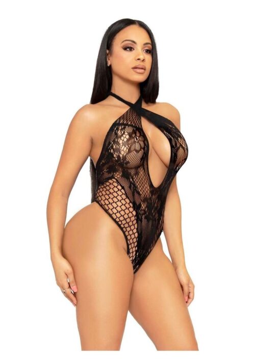 Leg Avenue Lace and Net Keyhole Crossover Halter Teddy - O/S - Black